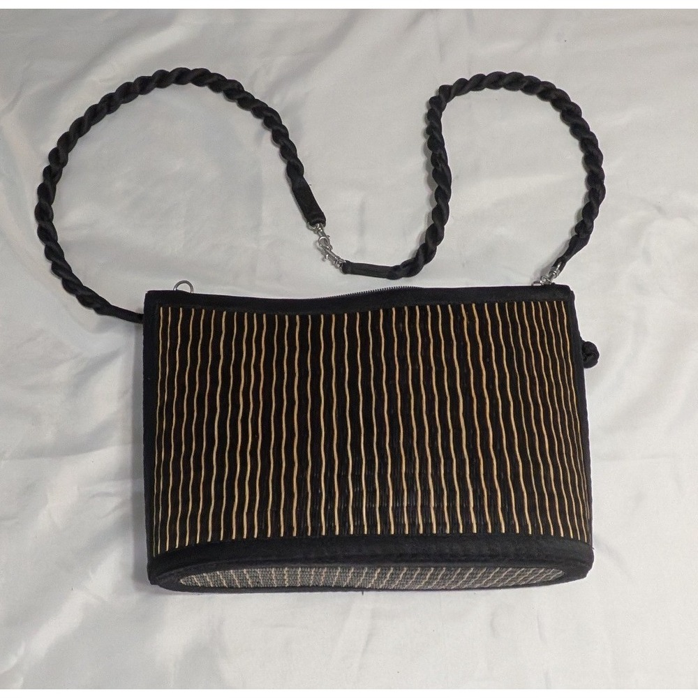 Baskets of Cambodia Woven Shoulder‎ Bag Women Medium Black Tan Excellent Striped